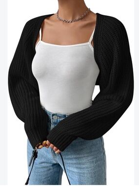Cropped Ribbed Sweater Knit Bolero Shrug in Black